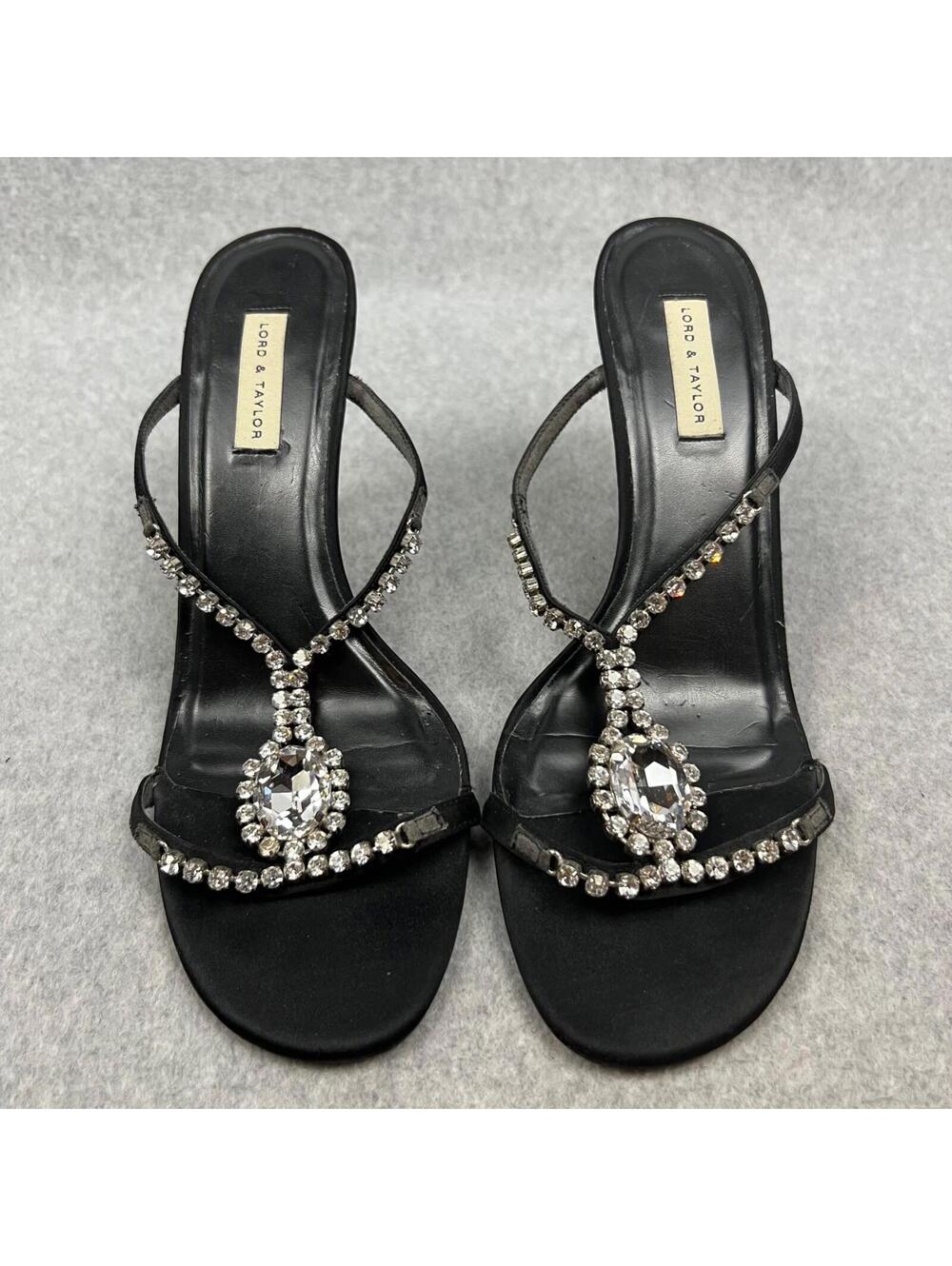 Lord Taylor Gem Jeweled High Heels Womens Size 9.5 Strap Sandals Black Satin 90s